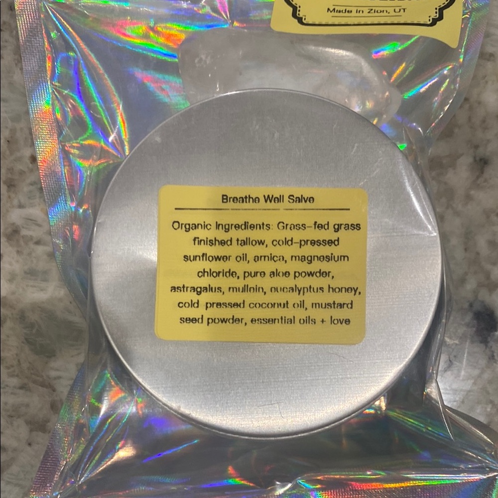 Breathe Well Herbal Salve in Silver Tin with Quartz crystal

Made by me!